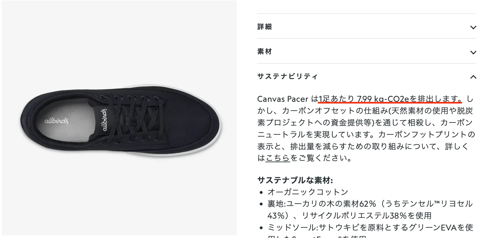 Allbirdsは、製品ひとつ当たりの排出量を、自社オンラインストアの製品情報の欄に記載している。
