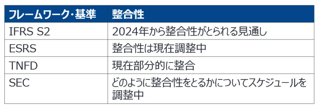 国際フレームワークや基準との整合性。